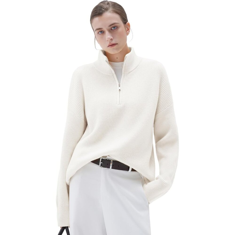 Women Oversized Cashmere Blend Quarter Zip Sweater Long Sleeve Casual Top